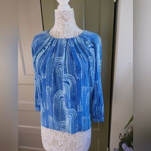 Kelly Wearstler Retro Print Blue 100% Silk Top Blouse Women's Size 4 Lightweight